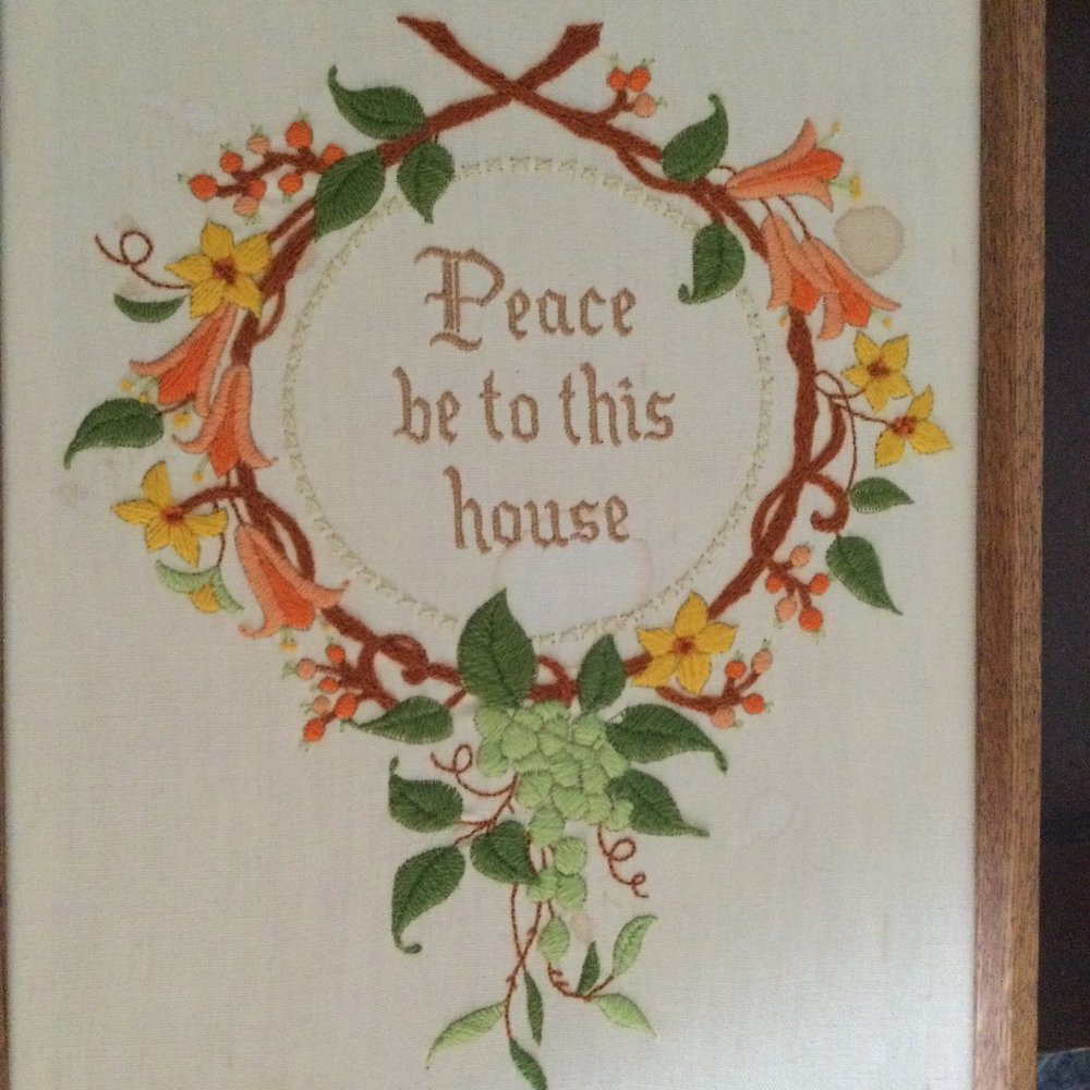 Vintage embroidery crewel wall hangings framed "peace be to this house" framed